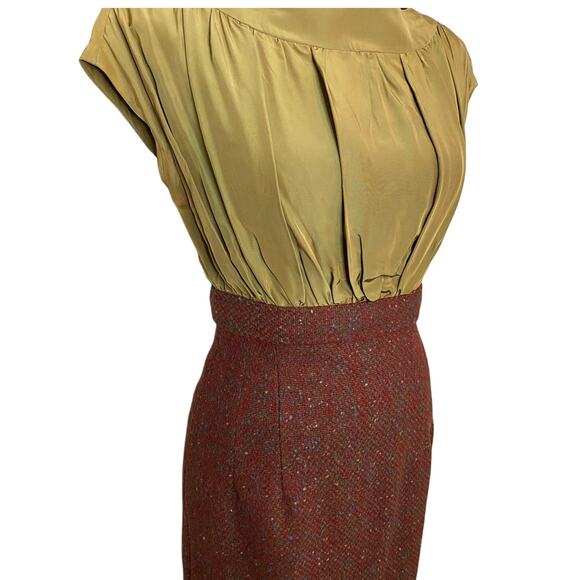 VTG Handmade dress 50s 60s jewel neck silky bodice Brick red wool pencil wiggle - Picture 2 of 9